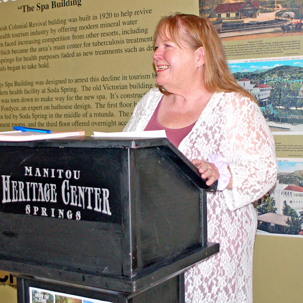 Photo by Larry Ferguson. Historian/author Doris McCraw fields questions after her presentation of “Under the Stone: Early Women Doctors in Evergreen Cemetery” on Saturday, Aug. 20, at the Spa Building in Manitou Springs.
