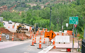 Photo by Rhonda Van Pelt. Traffic is being rerouted through the Serpentine Roundabout on the city’s west end.