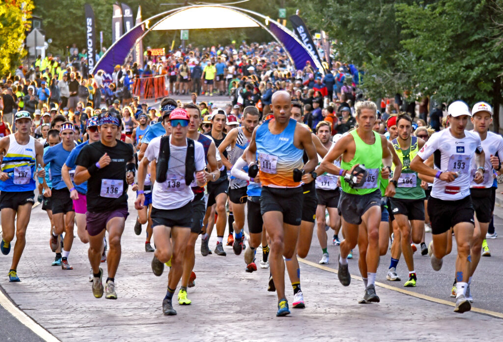 Photo by Bryan Oller. former Ascent champion Joseph Gray (bib 101) leads the pack as the race begins. The Colorado Springs resident would finish in third place overall.