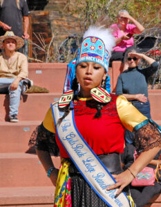 Photo by Rhonda Van Pelt. Rosalyn Gonzales, princess of the Garden of the Gods-Rock Ledge Ranch Pow-wow, dances in the 7 Minute Spring amphitheater.