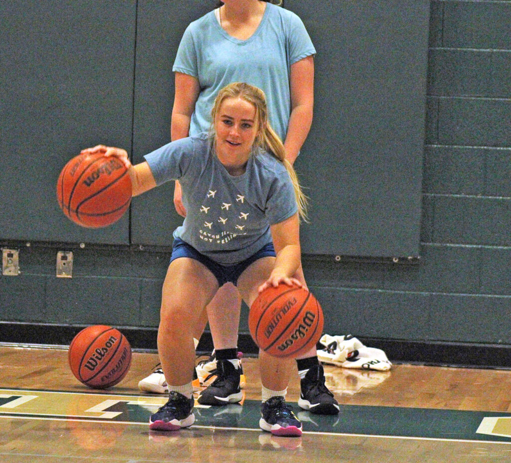 Photo by Daniel Mohrmann. Manitou senior Kaleena Jones works on a ball-handling drill during girls basketball practice on Nov. 14.